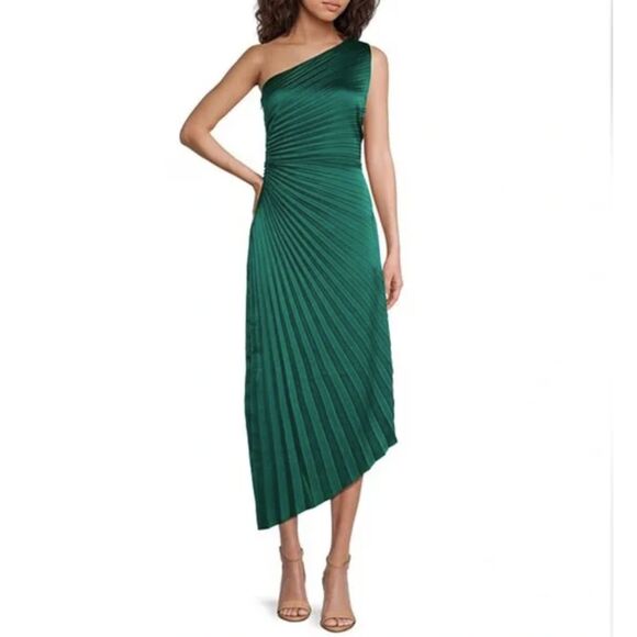 Badgley Mischka Kelsey Sleeveless One Shoulder Asymmetric Midi Dress Sz 4 Green - Picture 1 of 12